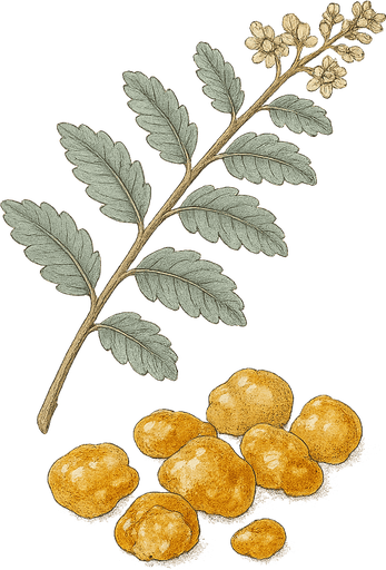 Boswellia serrata, résine et rameau feuillu, illustration botanique
