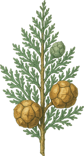 Cupressus sempervirens, rameau avec cônes, illustration botanique